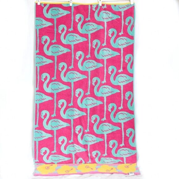 Rare Vgt Welspun Pink Blue Yellow Flamingos Tropical Retro Beach Pool Towel 63" - Picture 1 of 5